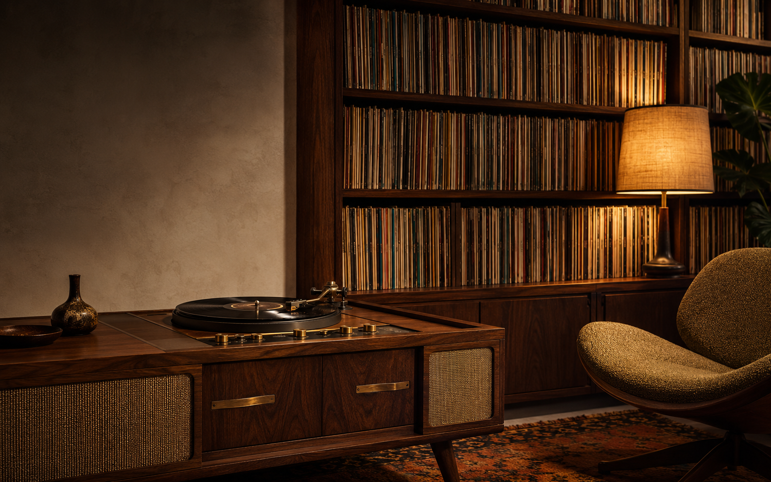 A vintage record player beside a wall of records